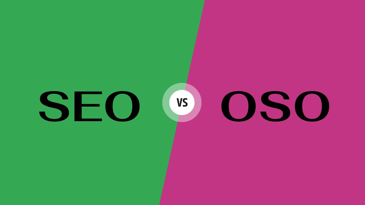 Comparison showing Google search results versus TikTok social search results for SEO vs OSO strategy.